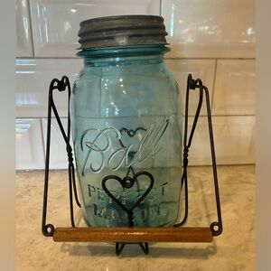 Vintage Aqua Quart Ball Mason Jar with Heart Metal Stand